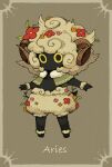  aries_(zodiac) black_skin capelet colored_skin flower fur_anklet fur_bracelet fur_pants fur_trim hair_flower hair_ornament horns maniani original sheep_horns yellow_eyes zodiac 