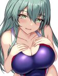  1girl aqua_eyes aqua_hair blush breasts competition_swimsuit covered_navel hair_ornament hairclip hands_on_own_chest highres kantai_collection large_breasts long_hair looking_at_viewer montemasa multicolored_clothes multicolored_swimsuit one-piece_swimsuit purple_one-piece_swimsuit smile solo suzuya_(kancolle) swimsuit upper_body 