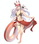  1girl :d absurdres animal_ear_fluff animal_ears barefoot bikini black_bikini breasts collarbone eyewear_on_head fox_ears fox_girl full_body hair_ornament highres holding holding_clothes indie_virtual_youtuber kamishiro_natsume kitsune large_breasts legs long_hair looking_at_viewer navel open_mouth orange_eyes simple_background smile solo standing stomach sunglasses swimsuit thigh_strap toes virtual_youtuber white_background white_hair yuuhi_(yuuvi83) 