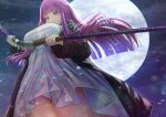  absurdres black_robe dress fern_(sousou_no_frieren) full_moon highres holding holding_staff kein_hasegawa long_hair mage_staff moon panties purple_eyes purple_hair robe sousou_no_frieren staff underwear white_dress 