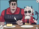  1boy 1girl black_jacket fingerless_gloves food gloves green_background helltaker helltaker_(character) holding holding_spoon jacket justice_(helltaker) muscular muscular_male noah_(tettsui-sole) plate pudding red_gloves red_shirt shirt short_hair spoon sunglasses 