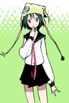  \m/ beanie copyright_request green_hair hat jiyu2 red_eyes school_uniform short_hair skirt solo 