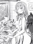  1girl ;) absurdres apron blush censored censored_food copyright_request frilled_apron frills greyscale grin hair_ornament hairclip highres indoors kitchen light_blush monochrome naked_apron nanashi_(nlo) one_eye_closed parted_lips sketch smile smug solo sparkle translation_request 