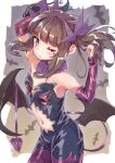  1girl armpits arms_up bare_shoulders bat_(animal) bat_wings blue_eyes blunt_bangs blush bodysuit brown_hair center_opening closed_mouth clothing_cutout cowboy_shot demon_girl demon_horns demon_tail demon_wings detached_collar detached_sleeves elbow_gloves facial_mark fur_collar gloves hair_ornament hand_in_own_hair heart highres holding holding_hair horns kurosu_aroma looking_at_viewer low_wings navel navel_cutout one_eye_closed parted_lips pretty_series priority9 pripara purple_gloves revealing_clothes sidelocks solo standing stomach_cutout strapless tail twintails wings 