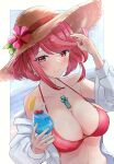  1girl absurdres alternate_costume beach bikini blue_hawaii blue_sky blush breasts brown_headwear cherry chest_jewel cleavage cloud cocktail core_crystal_(xenoblade) cup drink drinking_glass drop_earrings earrings flower food fruit hat hat_flower hibiscus highres ice ice_cube jewelry karuushi large_breasts lemon lemon_slice looking_at_viewer pyra_(xenoblade) red_bikini red_eyes red_hair shirt short_hair sky smile solo spaghetti_strap straw_hat sun_hat swept_bangs swimsuit white_shirt xenoblade_chronicles_(series) xenoblade_chronicles_2 