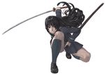  black_hair ga-rei ga-rei_zero gaia isayama_yomi katana kneehighs long_hair one_knee panties pantyshot pantyshot_(squatting) purple_eyes school_uniform sheath socks solo squatting stance sword underwear weapon 