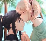  2girls absurdres black_hair blonde_hair blue_shirt blush bob_cut chxoswolf closed_eyes closed_mouth commentary dappled_sunlight day english_commentary hair_ribbon highres holding_hands inoue_takina kiss kissing_forehead long_hair looking_at_another lycoris_recoil multiple_girls nape nishikigi_chisato off_shoulder one_side_up outdoors palm_tree ponytail purple_eyes red_ribbon ribbon shirt sidelocks signature sunlight tree upper_body yuri 
