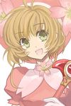  bad_id bad_pixiv_id brown_hair cardcaptor_sakura cherry_blossoms flower green_eyes hat kinomoto_sakura object_namesake osamu_(jagabata) pink_hat short_hair smile solo wand 