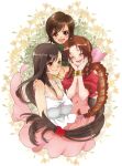  3girls aerith_gainsborough artist_request black_hair bracelet breasts brown_eyes brown_hair cleavage closed_eyes dress drill_hair final_fantasy final_fantasy_vii flower hair_ornament hair_ribbon hair_scrunchie hand_on_another&#039;s_shoulder hands_on_own_face happy highres jewelry large_breasts long_hair looking_at_another looking_at_viewer lower_teeth_only midriff multiple_girls navel open_mouth red_eyes ribbon scrunchie shirt short_hair simple_background smile t-shirt teeth tifa_lockhart upper_body upper_teeth_only very_long_hair yuffie_kisaragi yuri 