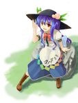  blue_hair food fruit hat highres hinanawi_tenshi leaf long_hair peach red_eyes solo taji_(crowview) touhou 