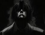  1boy absurdres black_background black_coat black_hair blood blood_from_mouth chainsaw_man closed_mouth coat covered_eyes crain1art dark facing_viewer greyscale gun_devil_(chainsaw_man) hayakawa_aki highres male_focus medium_hair monochrome portrait solo 