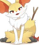 ambiguous_gender anthro biped black_body braixen fur generation_6_pokemon inner_ear_fluff looking_at_viewer nintendo open_mouth orange_body orange_eyes orange_fur pokemon pokemon_(species) rumine simple_background smile solo tuft white_background white_body white_fur yellow_body yellow_fur