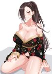  1girl absurdres alternate_costume bare_shoulders black_kimono black_panties blush breasts brown_eyes brown_hair cleavage commission fire_emblem fire_emblem_fates floral_print_kimono hair_over_one_eye hand_on_own_thigh highres japanese_clothes kagero_(fire_emblem) kimono kneeling large_breasts long_hair looking_at_viewer mature_female panties ponytail rynn_(darknescorez) short_kimono smile solo thong toenails toes underwear white_background 