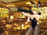  animal_ears bazooka blonde_hair bunny_ears bunnysuit fishnet_pantyhose fishnets green_eyes hamura_mayu original pantyhose party_popper short_hair solo weapon 