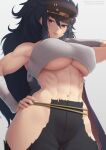  1girl abs arm_up arm_wrap black_hair breasts chest_sarashi closed_mouth daidouji_(senran_kagura) hair_between_eyes hand_on_own_hip hat large_breasts long_hair looking_at_viewer mole mole_under_eye muscular muscular_female navel putcher red_eyes sarashi senran_kagura smile standing white_background 