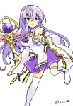  1girl alternate_costume bare_shoulders breasts circlet fire_emblem fire_emblem:_genealogy_of_the_holy_war holding holding_staff julia_(fire_emblem) leg_up long_hair purple_eyes purple_hair simple_background solo staff wide_sleeves yukia_(firstaid0) 