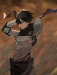  1girl black_hair blue_eyes breasts chest_harness closed_mouth cowboy_shot dust embers feet_out_of_frame floating_clothes from_side hair_between_eyes harness highres kota_2kx looking_ahead mikasa_ackerman outdoors red_scarf scarf serious shingeki_no_kyojin short_hair solo three-dimensional_maneuver_gear wind 