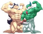  abs absurd_res balls big_pecs blush bodily_fluids dripping duo feet flexing flexing_bicep flexing_both_biceps gallade generation_2_pokemon generation_4_pokemon genital_fluids genitals green_body hi_res humanoid maldu male male/male muscular muscular_male navel nintendo nipples nude nude_male pecs penis pokemon pokemon_(species) precum precum_drip precum_on_penis red_eyes smile smirk smug tail typhlosion vein veiny_penis white_legs 