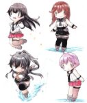  4girls agano_(kancolle) anchor_symbol black_hair black_skirt black_thighhighs braid brown_hair brown_thighhighs chibi closed_mouth gloves grey_sailor_collar hair_between_eyes highres jumping kantai_collection long_hair long_sleeves miniskirt multiple_girls noshiro_(kancolle) noshiro_kai_ni_(kancolle) open_mouth parted_lips pleated_skirt poipoi_purin ponytail purple_hair red_skirt sailor_collar sakawa_(kancolle) school_uniform short_hair single_thighhigh skirt sleeveless sparkle standing thighhighs twin_braids white_gloves yahagi_(kancolle) 