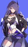  1girl absurdres acheron_(honkai:_star_rail) black_choker black_jacket breasts chain choker coat hair_ornament halterneck hand_in_pocket highres honkai:_star_rail honkai_(series) jacket long_hair looking_at_viewer medium_breasts navel purple_eyes purple_hair short_shorts shorts solo sparks_summer stomach very_long_hair 