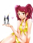  2girls bad_id bad_pixiv_id bikini blush breasts brown_eyes cleavage earrings em forced_perspective jewelry kujikawa_rise medium_breasts minigirl multiple_girls navel optical_illusion persona persona_4 pink_hair shirogane_naoto smile swimsuit tatsumi_kanji twintails 