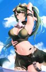  1girl absurdres arknights arm_strap arm_up armpits bare_shoulders black_shorts blue_sky breasts cleavage cloud commentary cowboy_shot crocodilian_tail crop_top day gavial_(arknights) gavial_the_invincible_(arknights) goggles goggles_on_head green_hair highres large_breasts long_hair mask mask_around_neck midriff navel oripathy_lesion_(arknights) outdoors ponytail short_shorts shorts sky solo standing stomach tail very_long_hair yan_kodiac yellow_eyes 
