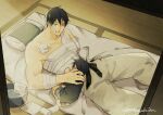  2496oyakodon 2boys age_difference amputee bandage_on_chest bandaged_arm bandages bandaid bandaid_on_face basin black_hair black_shirt chest_sarashi child closed_mouth father_and_son feet_out_of_frame fushiguro_megumi fushiguro_touji futon green_eyes grey_pants grey_shorts indoors jujutsu_kaisen looking_at_another lying lying_on_person male_focus mature_male missing_limb multiple_boys on_bed on_stomach pants sarashi scar scar_on_face scar_on_mouth shirt short_hair shorts size_difference sleeping toned toned_male topless_male towel 