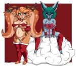  2girls animal_ears breasts captainshadow christmas christmas_ornaments furry furry_female green_hair highres league_of_legends long_hair multiple_girls poppy_(league_of_legends) simple_background snow_fawn_poppy twintails twitter_username vex_(league_of_legends) yordle 