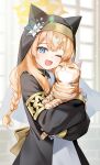  1girl ;d absurdres animal_ear_headwear animal_hug black_headwear black_robe blue_archive blue_eyes blurry blurry_background blush braid calico habit halo highres indoors long_sleeves looking_at_viewer mari_(blue_archive) nun one_eye_closed orange_hair robe school_uniform shiromoca smile solo 