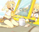  1girl barefoot blonde_hair blue_eyes brother_and_sister detached_sleeves hair_ornament hairclip hose kagamine_len kagamine_rin kl md5_mismatch midriff open_fly ribbon short_hair shorts siblings twins unzipped vocaloid water 