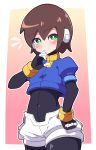  1girl absurdres aile_(mega_man_zx) black_bodysuit blue_jacket bodysuit buzzlyears covered_navel cropped_jacket green_eyes hand_on_own_hip highres jacket looking_at_viewer mega_man_(series) mega_man_zx short_hair short_shorts short_sleeves shorts solo white_shorts 