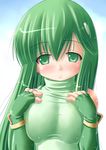  blush bracelet breast_suppress breasts elbow_gloves fingerless_gloves fire_emblem fire_emblem:_monshou_no_nazo gloves green_eyes green_hair jewelry kourourin large_breasts long_hair paola solo turtleneck 