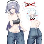  2girls absurdres black_bra blue_archive blue_pants blush bra breasts cleavage collarbone denim grey_hair groin halo highres large_breasts long_hair mechanical_halo multiple_girls multiple_views navel noa_(blue_archive) open_mouth pants purple_eyes purple_hair simple_background solo_focus two_side_up underwear white_background winterflower yuuka_(blue_archive) 