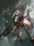  armored_core armored_core_6 embers full_body glowing glowing_eye gun highres holding holding_gun holding_weapon mecha mecha_focus midair miso_katsu nightfall_(armored_core_6) no_humans red_eyes rifle robot science_fiction thrusters weapon 
