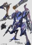  armored_core armored_core_6 artist_name character_name full_body green_eyes grey_background gun highres holding holding_gun holding_weapon mecha mecha_focus miso_katsu no_humans reverse-jointed_legs robot science_fiction standing steel_haze weapon weapon_on_back 