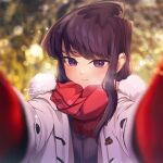  1girl absurdres artist_name black_hair blurry blurry_background blush closed_mouth coat depth_of_field fur_trim gloves highres j_humbo komi-san_wa_komyushou_desu komi_shouko light_particles looking_at_viewer open_clothes open_coat pov purple_eyes red_gloves red_scarf scarf smile sweater winter_clothes winter_coat 