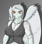 absurd_res amber_eyes anthro big_breasts blue_body blue_scales bone_frill breasts cigarette cigarette_in_mouth clothing colored dress_shirt ekzar fang_(gvh) feathered_wings feathers female frill_(anatomy) goodbye_volcano_high grey_body grey_feathers hair hi_res long_hair looking_at_viewer object_in_mouth pterodactylus pterosaur reptile scales scalie shaded shirt silver_hair simple_background small_waist snoot_game solo topwear vest wings