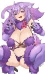  1girl absurdres animal_ears blush boots breasts cameltoe cat_ears cosplay elbow_gloves fang fate/grand_order fate_(series) fur-trimmed_gloves fur-trimmed_legwear fur-trimmed_thighhighs fur_bikini fur_collar fur_trim gloves high_heel_boots high_heels highres hololive jknor mash_kyrielight mash_kyrielight_(dangerous_beast) mash_kyrielight_(dangerous_beast)_(cosplay) medium_hair nekomata_okayu purple_eyes purple_gloves purple_hair purple_tail purple_thighhighs revealing_clothes shiny_skin smile solo squatting tail thighhighs virtual_youtuber white_background wolf_tail 
