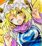  1girl akaioringo2023 animal_ears blonde_hair blue_tabard dress fangs fox_ears fox_shadow_puppet fox_tail hat long_sleeves mob_cap multiple_tails ofuda ofuda_on_clothes one_eye_closed open_mouth slit_pupils solo tabard tail touhou traditional_media white_dress white_headwear wide_sleeves yakumo_ran yellow_eyes 