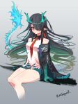 1girl :o absurdres antlers arknights artist_name black_hair black_jacket blue_skirt breasts collared_shirt colored_inner_hair colored_skin dragon_girl dragon_tail dusk_(arknights) fur-tipped_tail green_hair grey_background highres jacket jacket_partially_removed long_hair long_sleeves looking_at_viewer medium_breasts mikagura multicolored_hair multicolored_skin necktie orange_eyes pointy_ears red_necktie shirt simple_background sitting skirt sleeveless solo tail torn_clothes torn_shirt twitter_username white_shirt 