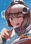  1girl blue_sailor_collar brown_eyes brown_hair commentary_request curry curry_rice dress eating food grey_background grey_neckerchief headgear highres kantai_collection neckerchief one_eye_closed rice sailor_collar sailor_dress sannsogyoraikai short_hair simple_background solo speaking_tube_headset utensil_in_mouth yukikaze_(kancolle) yukikaze_kai_ni_(kancolle) 