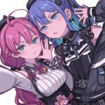  2girls ahoge blue_eyes blue_hair blush breasts green_eyes hair_ornament hairclip hololive hoshimachi_suisei hoshimachi_suisei_(3rd_costume) kuroboshi_kouhaku long_hair long_sleeves looking_at_viewer medium_breasts multiple_girls official_alternate_costume pink_hair sakura_miko sakura_miko_(3rd_costume) small_breasts virtual_youtuber 