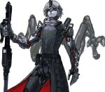  1boy 202vincent black_coat closed_mouth coat colored_skin cowboy_shot extra_arms grey_hair grey_skin hand_up holding holding_weapon humanoid_robot looking_at_viewer male_focus original red_eyes robot short_hair simple_background solo standing two-sided_coat two-sided_fabric weapon white_background 