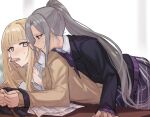  2girls aoki_shizumi bite_mark bite_mark_on_neck black_jacket blazer blonde_hair blush bound bound_wrists bow brown_sweater d4dj finger_in_another&#039;s_mouth green_eyes grey_hair hickey highres izumo_saki jacket long_hair multiple_girls niijima_ibuki parted_lips ponytail purple_bow purple_skirt school_uniform shirt skirt sweater teeth tongue tongue_out white_shirt yuri 