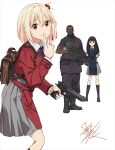  2girls black_hair blonde_hair blue_dress dark-skinned_male dark_skin deadpool_2 desert_eagle dress finger_to_mouth grenade_launcher gun handgun highres inoue_takina jacket kriss_vector lycoris_recoil lycoris_uniform m203 mika_(lycoris_recoil) multiple_girls nishikigi_chisato pants poster_parody purple_jacket purple_pants red_dress red_eyes scope shushing smile submachine_gun taku1122 two-tone_dress underbarrel_grenade_launcher weapon white_background 