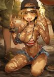  1girl 2boys \m/ absurdres american_flag_bikini bikini black_headwear blonde_hair blue_eyes breasts bulge commentary double_\m/ english_commentary erection erection_under_clothes flag_print grand_theft_auto grand_theft_auto_vi hat highres jewelry large_breasts looking_at_viewer mud multiple_boys navel navel_piercing necklace piercing pollenoxide redneck_girl_(gta_vi) short_hair sitting striped striped_bikini sunglasses swimsuit teeth tongue tongue_out twitter_username upper_teeth_only wariza 