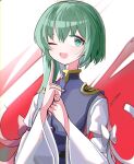  1girl ;d asymmetrical_hair bow epaulettes green_eyes green_hair highres long_sleeves looking_at_viewer medium_hair one_eye_closed open_mouth red_bow shiki_eiki smile solo spam_(spamham4506) touhou upper_body white_background white_bow wide_sleeves 