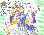  1girl :3 @_@ bamboo bamboo_forest bit_(kksbit) blonde_hair chen clothes_writing expressive_clothes fang forest fox_tail hat megaphone multiple_tails nature solo spoken_character tail tears touhou translated yakumo_ran 