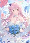  1girl balloon blue_archive blue_flower blue_rose blush bouquet breasts choker cleavage collarbone comiket_103 cover cover_page doujin_cover dress feathered_wings flower hair_bun halo heart_balloon highres hokori_sakuni holding holding_bouquet looking_at_viewer medium_breasts mika_(blue_archive) off-shoulder_dress off_shoulder pink_hair rose single_side_bun smile solo white_choker white_dress white_wings wings 
