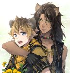  2boys animal_ear_fluff animal_ears arm_around_shoulder artist_name bandana black_gloves black_hair black_jacket blonde_hair blue_eyes braid brown_shirt collarbone commentary_request dandelion dark-skinned_male dark_skin fangs flower gloves gold_necklace green_background green_eyes hair_between_eyes highres jacket jewelry lapels leona_kingscholar lion_ears long_hair male_focus multicolored_hair multiple_boys nagiayase necklace open_clothes open_jacket open_mouth orange_bandana parted_bangs red_hair ruggie_bucchi scar scar_across_eye shirt short_hair short_sleeves side_braids sidelocks simple_background sleeveless sleeveless_jacket sleeveless_shirt streaked_hair teeth tongue tooth_necklace twin_braids twisted_wonderland upper_body upper_teeth_only white_background yellow_flower zipper zipper_pull_tab 